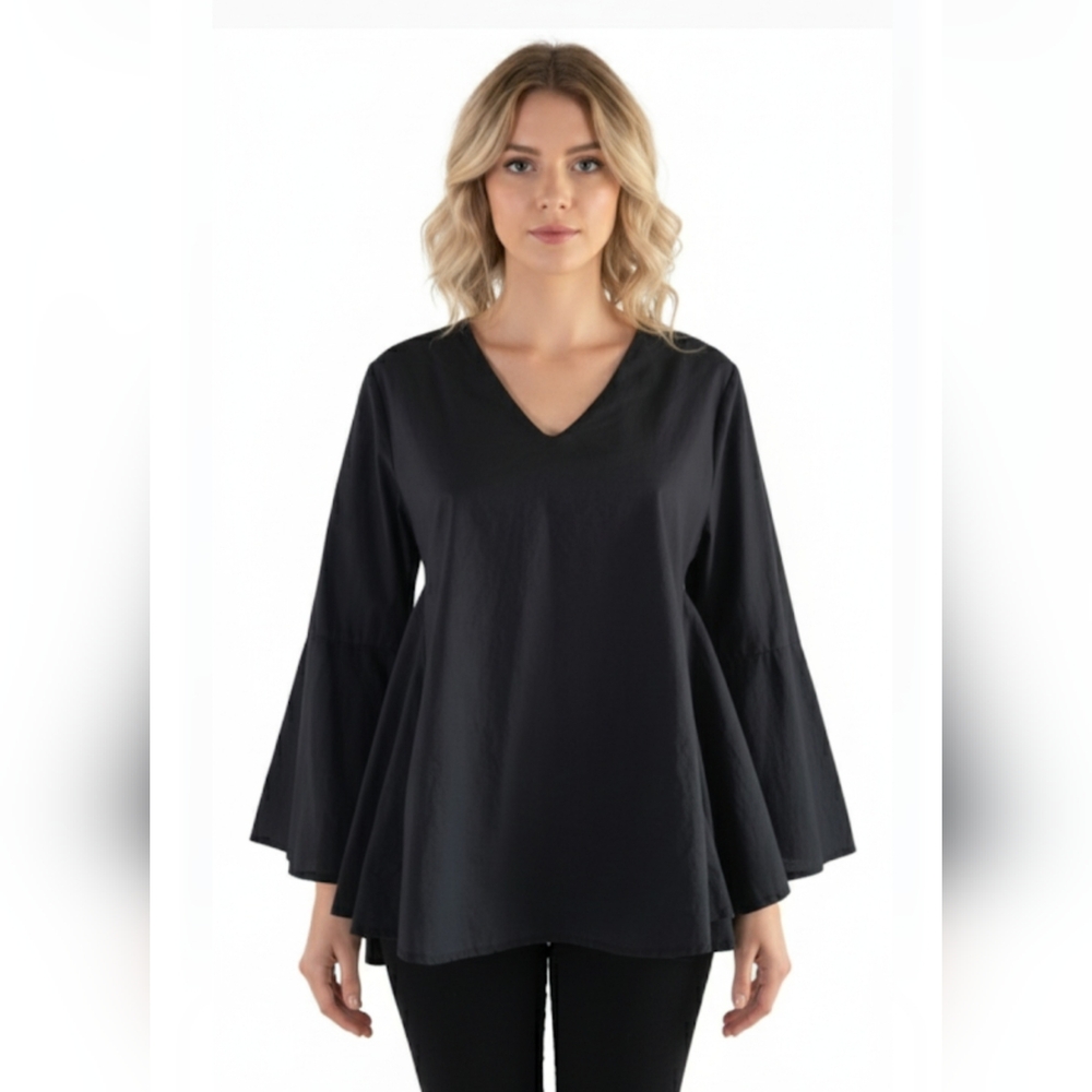 Bolide i... Made in Italy Black Flare Blouse - Bell Sleeve Babydoll Top, Size XL